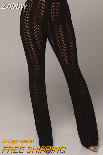 Znbbw White Hollow Out Crochet Knitted Drawstring Sexy Pants Trousers Women Streetwear High Waist Skinny Long Flare Pants